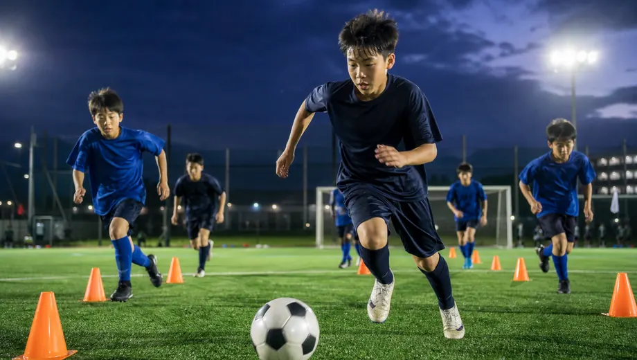 ジュニアユースクラスでサッカーを練習する子どもたち
