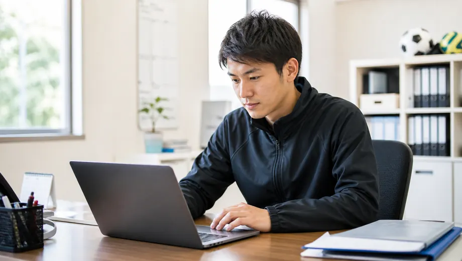 事務所のノートパソコンで月謝データを確認するスクールスタッフ